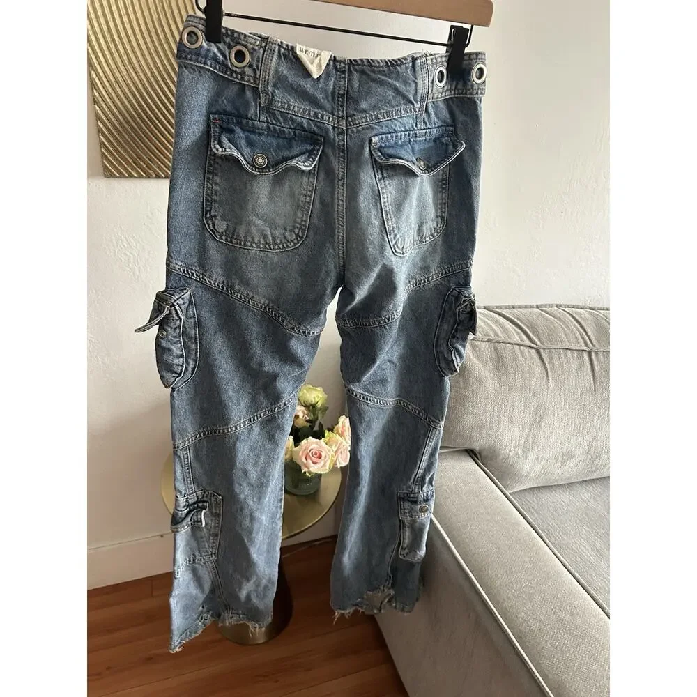 Free People Call Me Crazy Cargo Jeans 26 We The Free Grommet Waist Blue - Picture 11 of 16